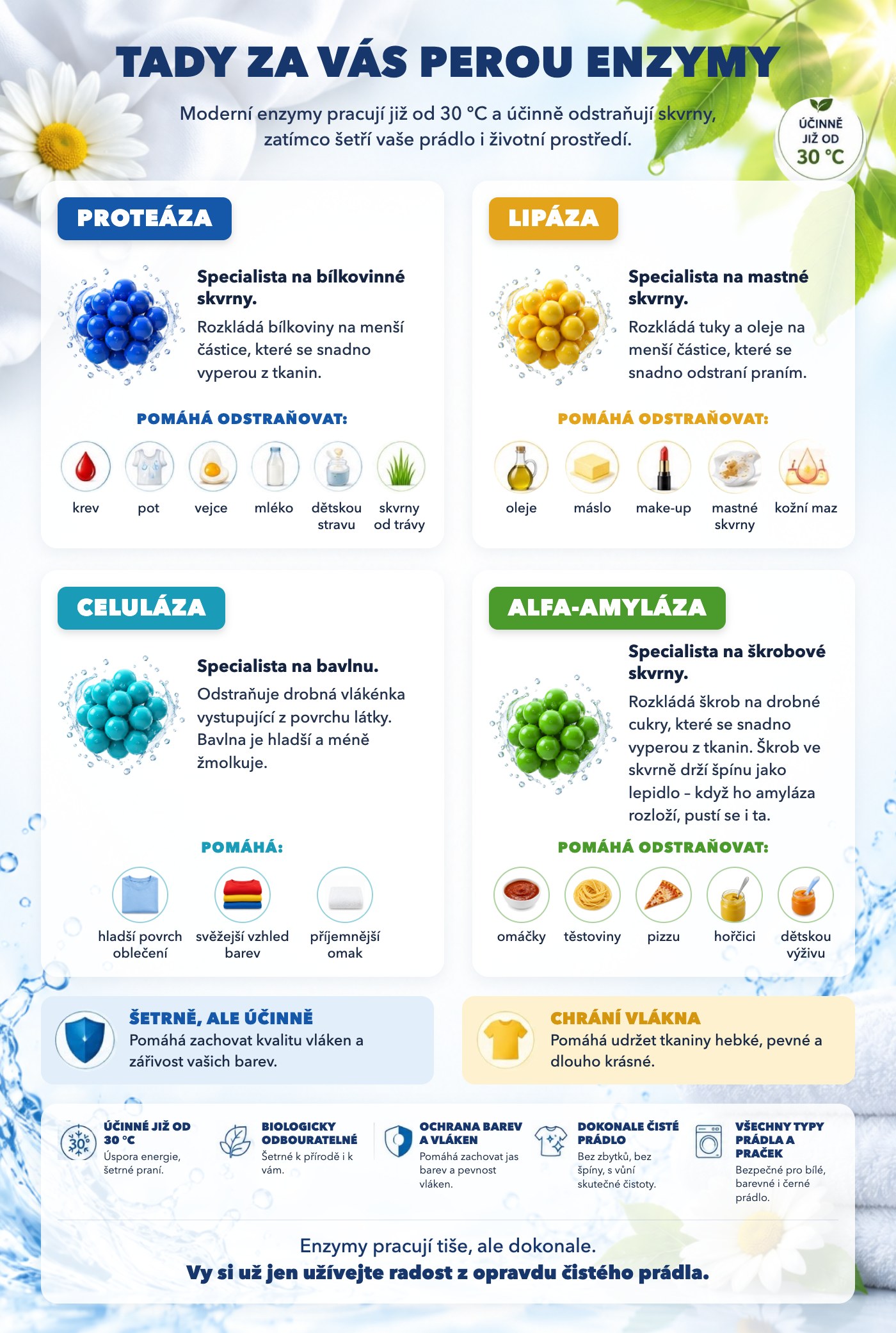 Infografika: Tady za vás perou enzymy. Moderní enzymy pracují již od 30 °C a účinně odstraňují skvrny. PROTEÁZA – specialista na bílkovinné skvrny: krev, pot, vejce, mléko, dětskou stravu, skvrny od trávy. LIPÁZA – specialista na mastné skvrny: oleje, máslo, make-up, mastné skvrny, kožní maz. CELULÁZA – specialista na bavlnu: hladší povrch oblečení, svěžejší vzhled barev, příjemnější omak. ALFA-AMYLÁZA – specialista na škrobové skvrny: omáčky, těstoviny, pizzu, hořčici, dětskou výživu.